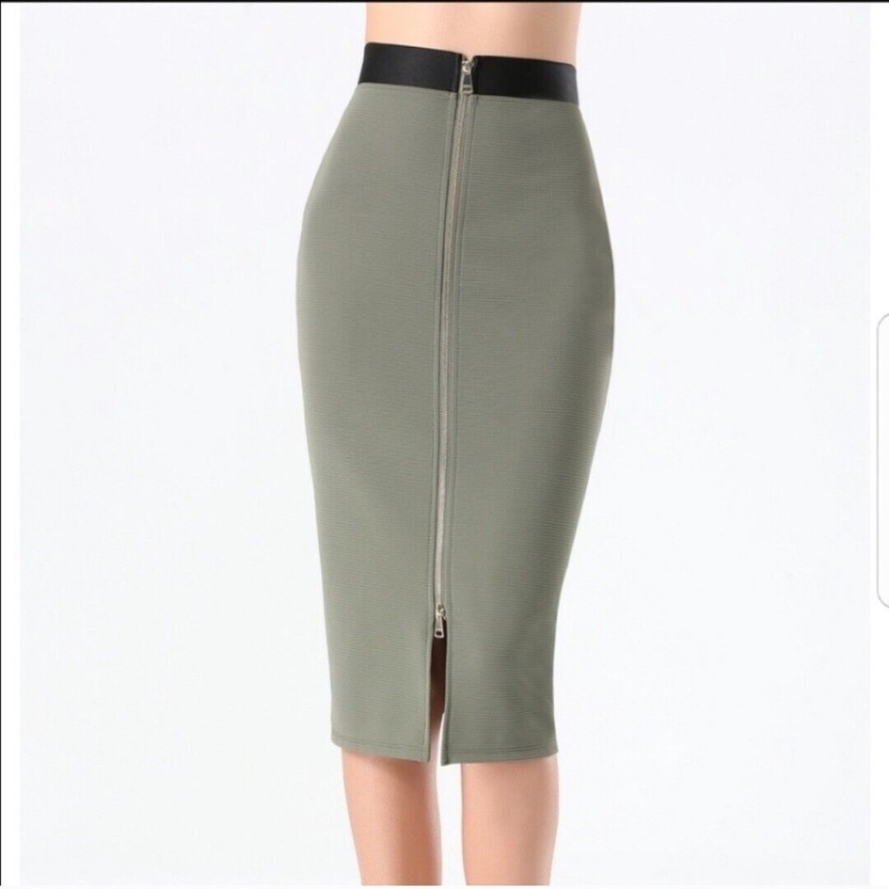 bebe High Waist Textured Olive Front Dual Zip Midi Skirt Black Elastic Band, XS